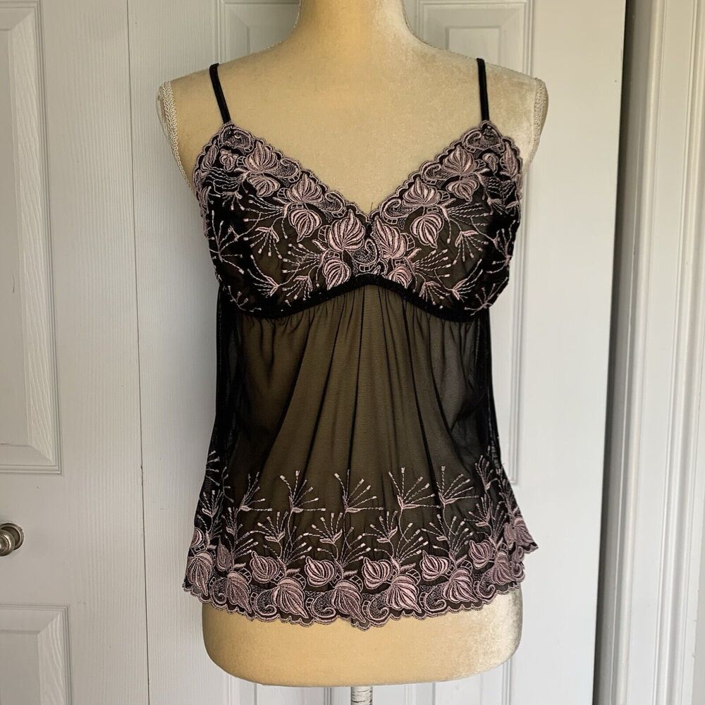 Cacique cami lingerie black lace sheer embroidered stretch 14/16 - Picture 8 of 16